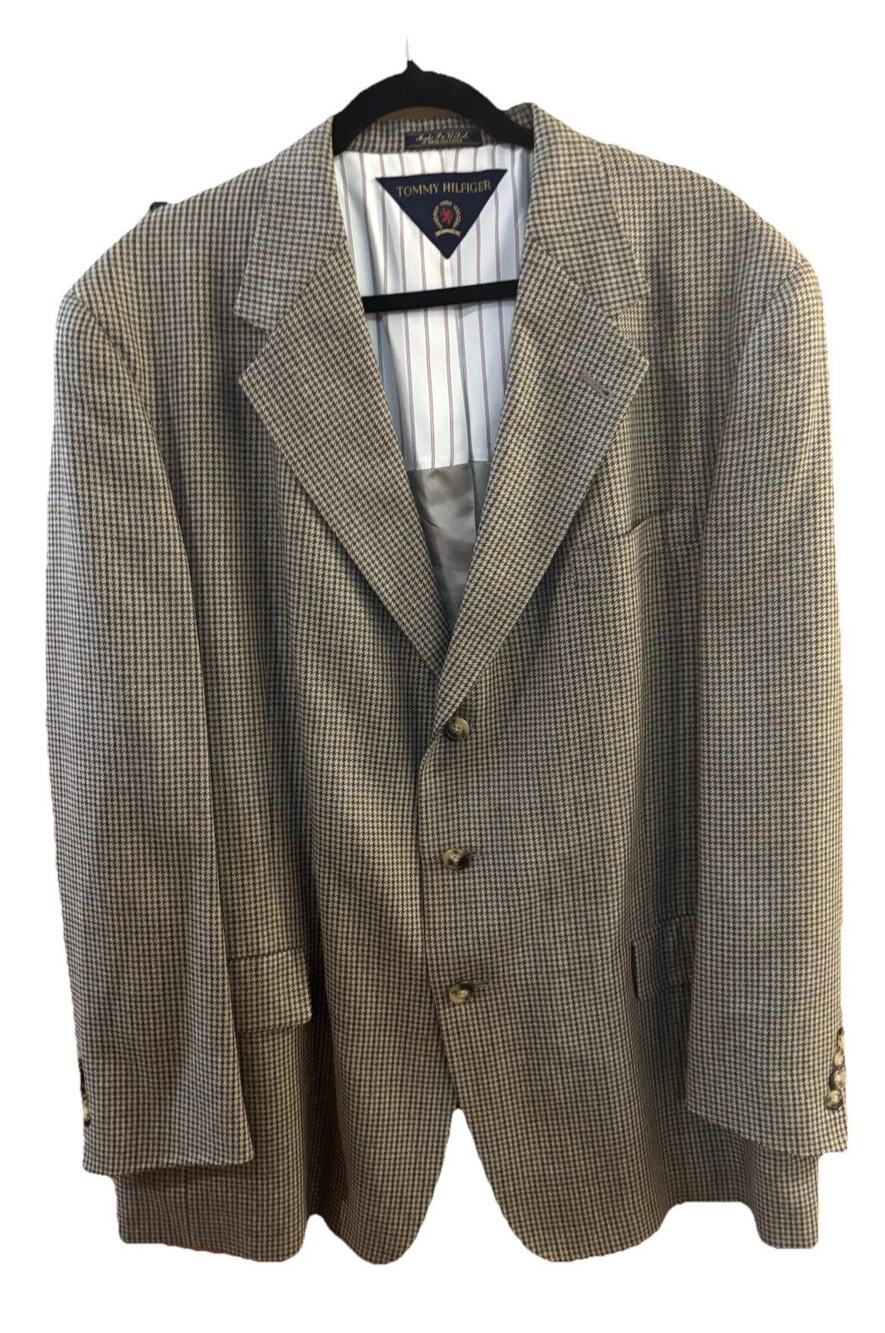 Tommy Hilfiger Mens Blazer Beige Houndstooth 46R Wool Academia Professional